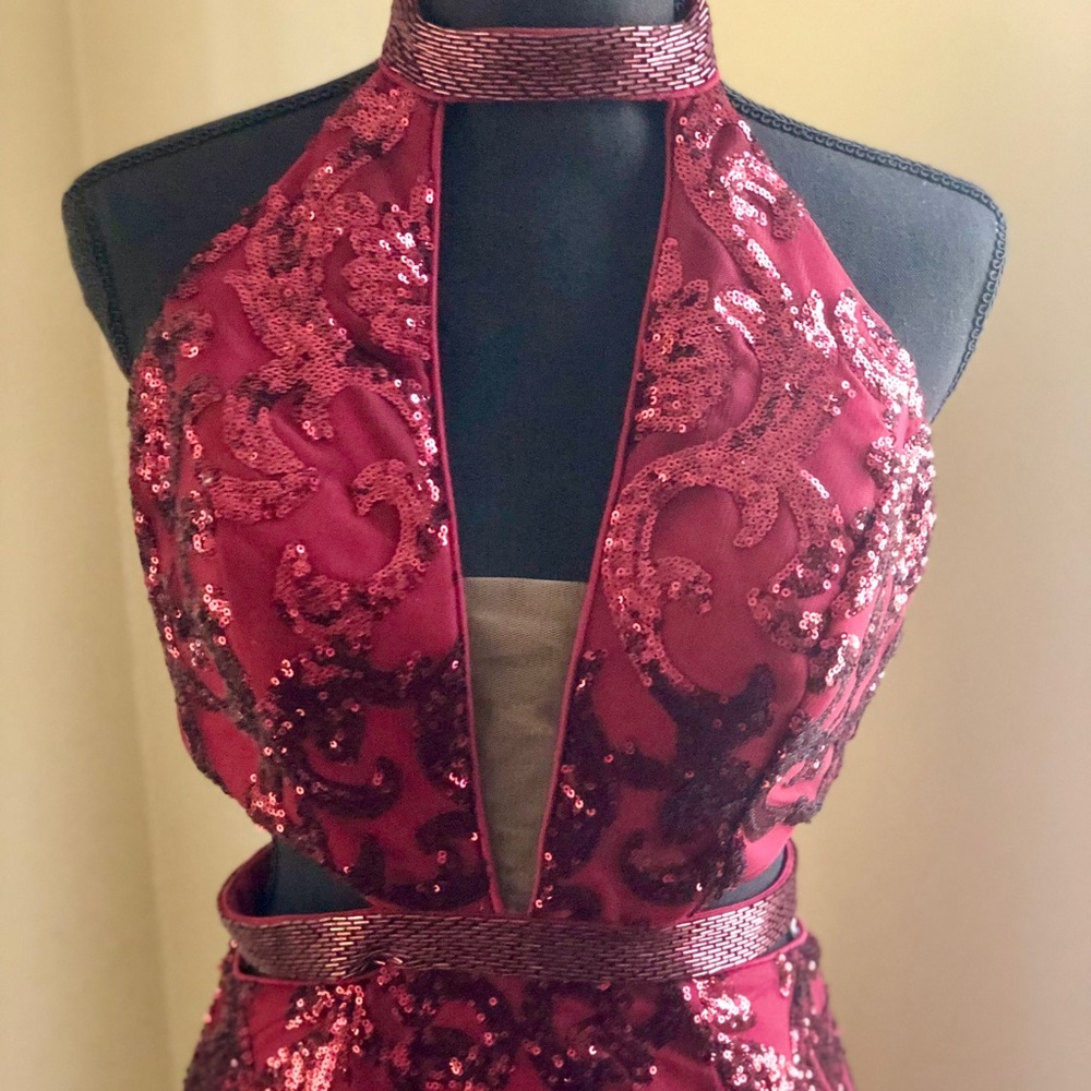 Beaded halter gown perfect for special occasions.